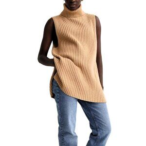H&M Women’s Chunky Wool Blend Turtleneck Sweater Vest Tan Size S | Oversized fit